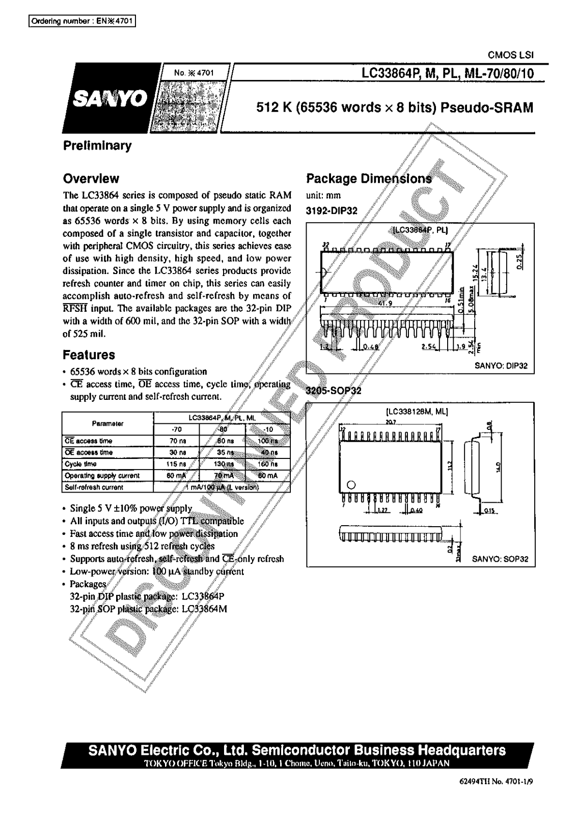 Sanyo LC33864PL-70 Specifications