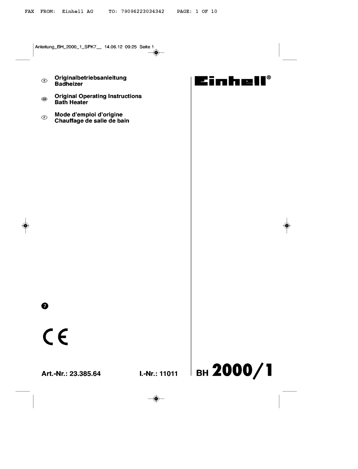 Einhell 2338564 Operating Instructions