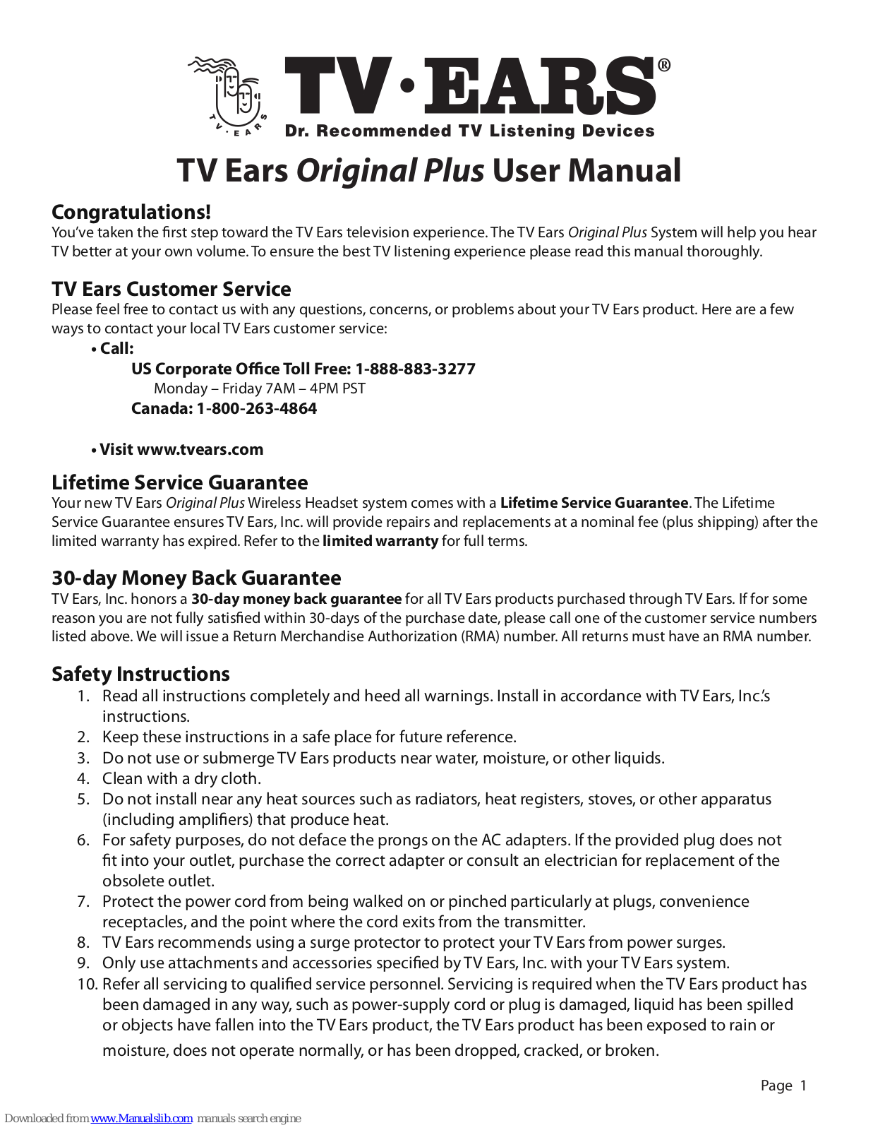 TV Ears Original Plus User Manual