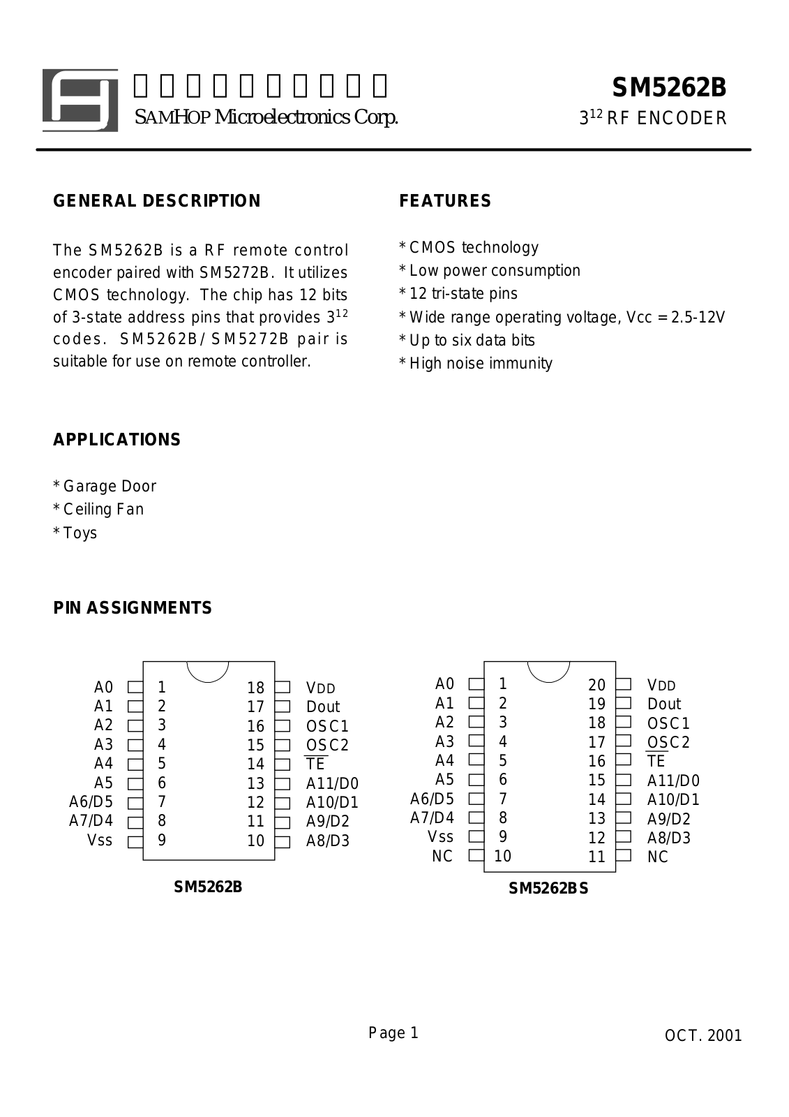 SamHop Microelectronics SM5262B, SM5262BS Datasheet