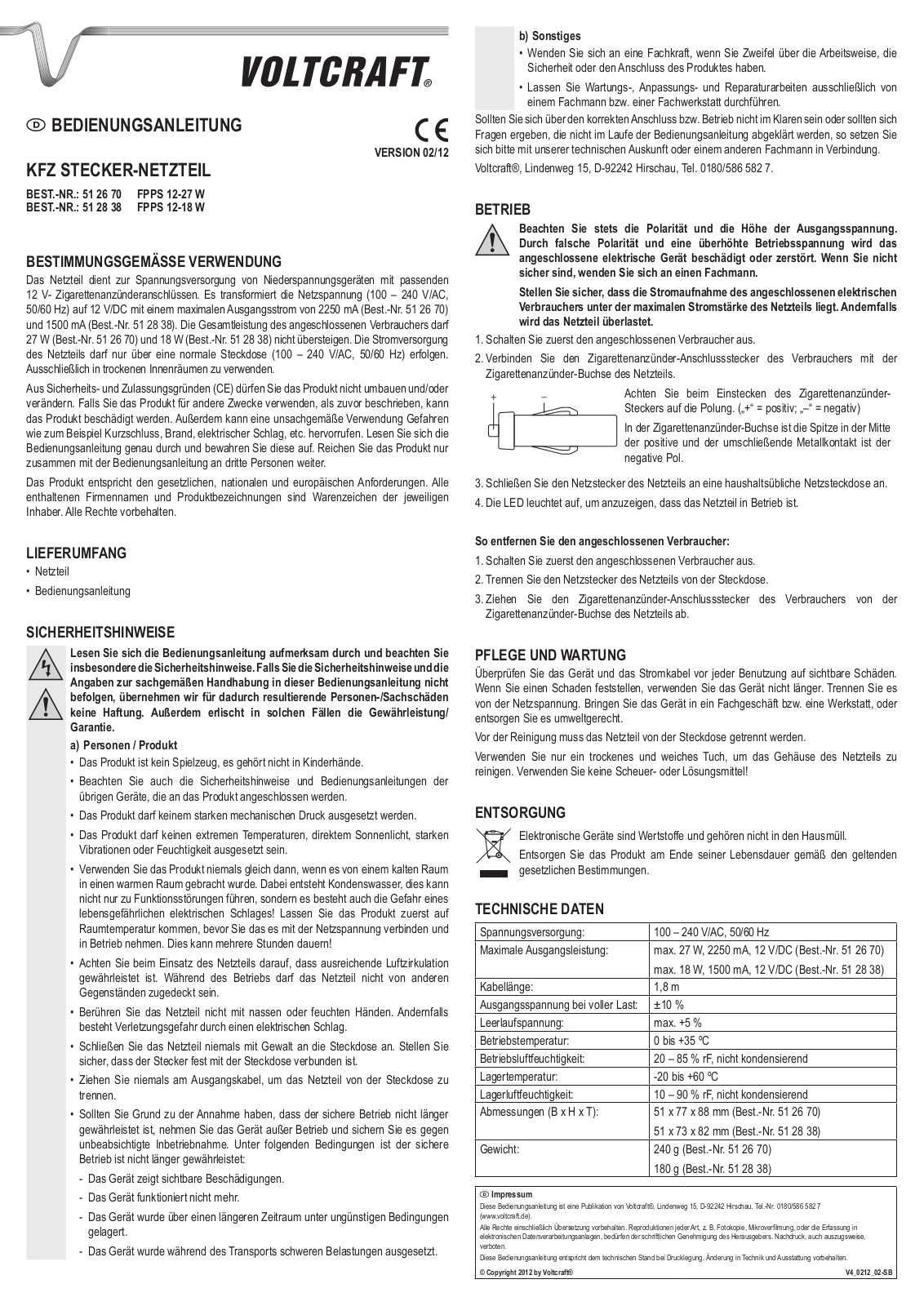 VOLTCRAFT FPPS 12-18W, FPPS 12-27 W Operation Manual