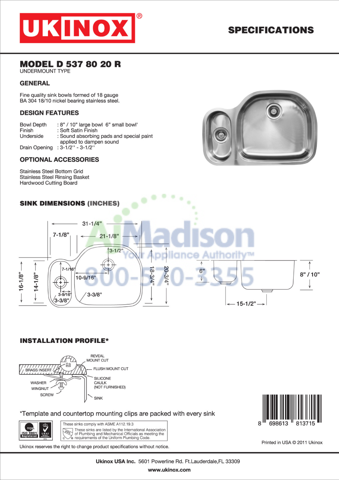 Ukinox D53780208L Specs