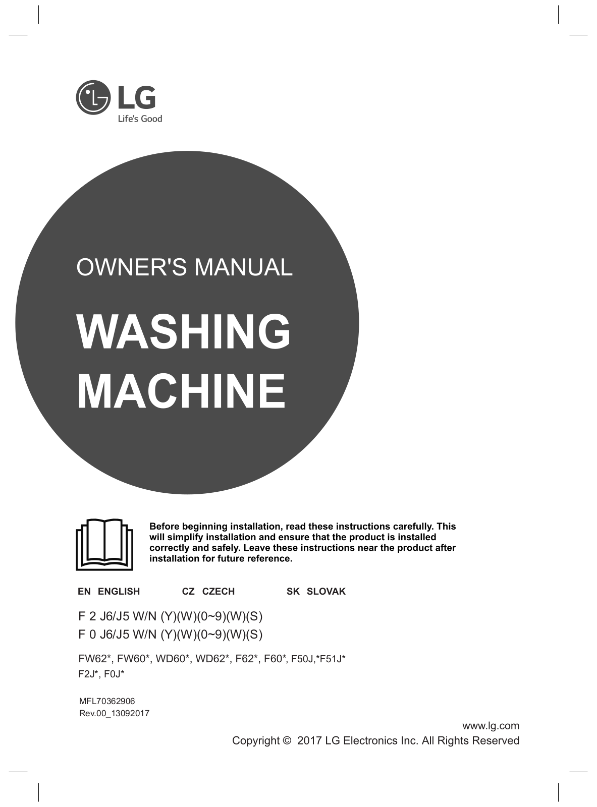 LG WD60J6WY1W, FW62J6WY1 Operating Instructions