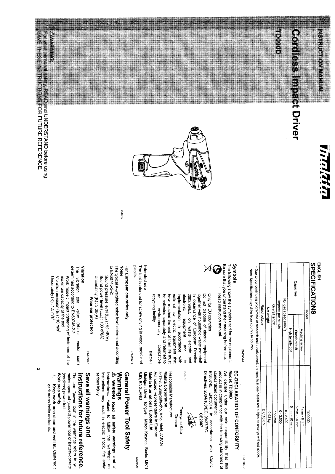 Makita TD090, TD090D User Manual