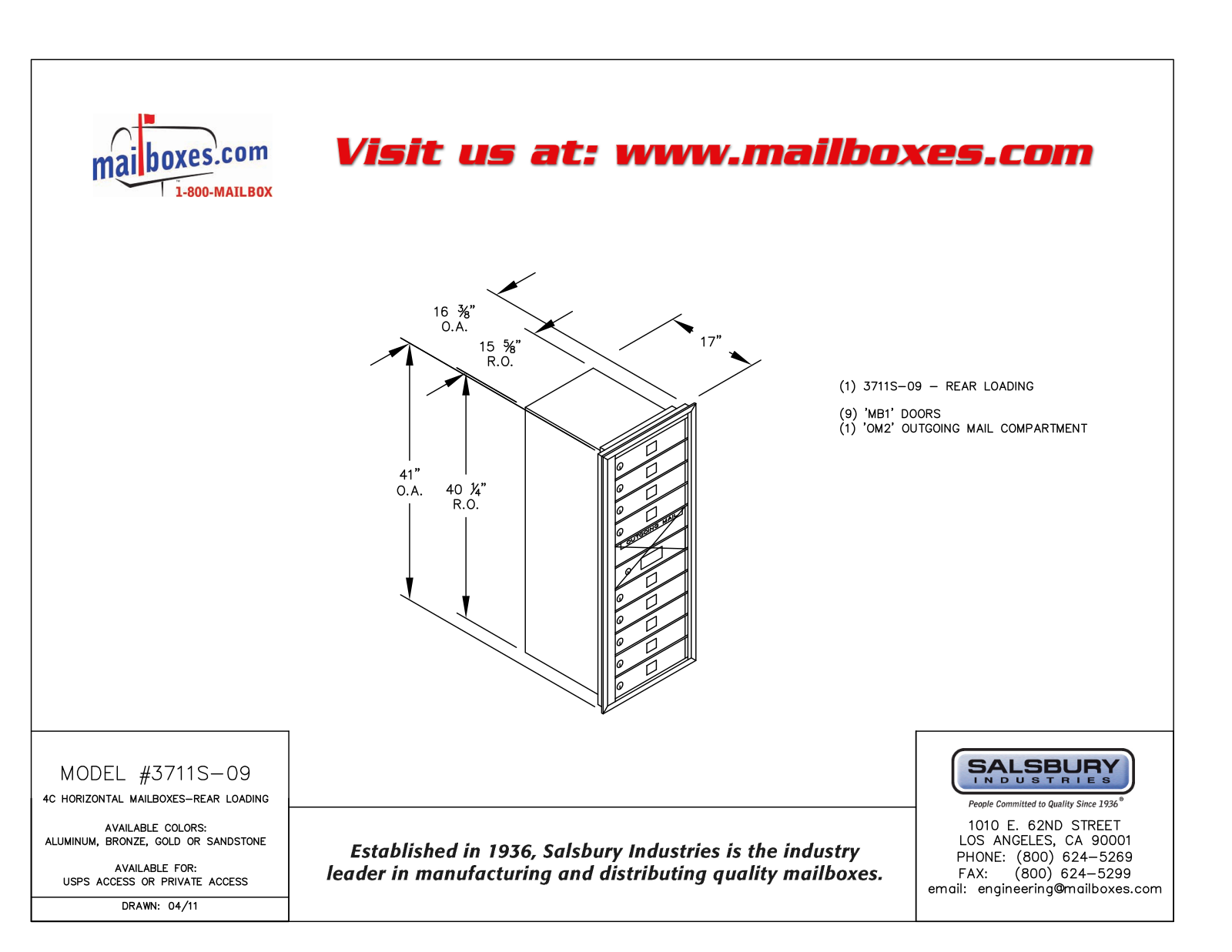 Salsbury Industries 3711S09ZRU User Manual