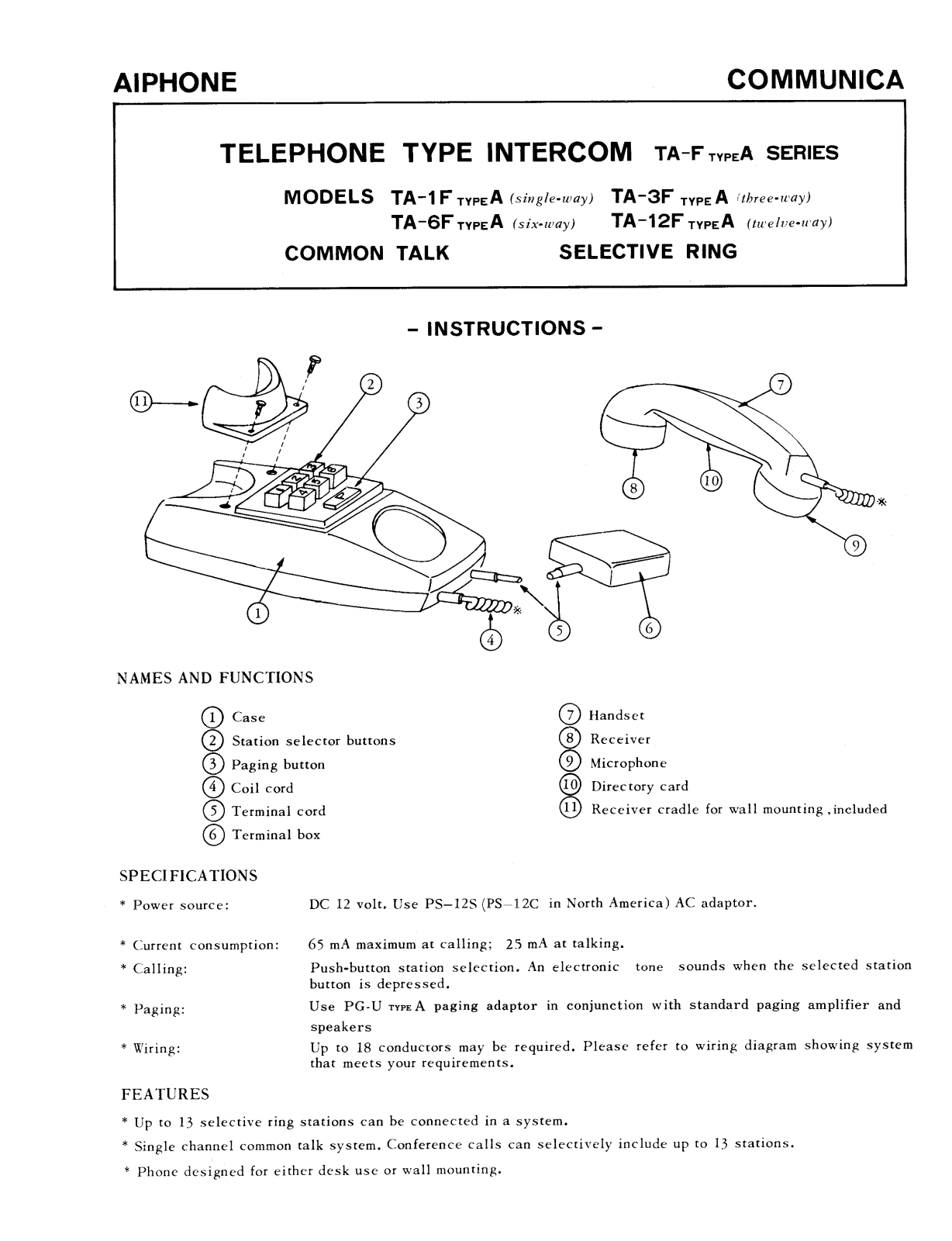 Aiphone TA-F INSTALLATION INSTRUCTIONS