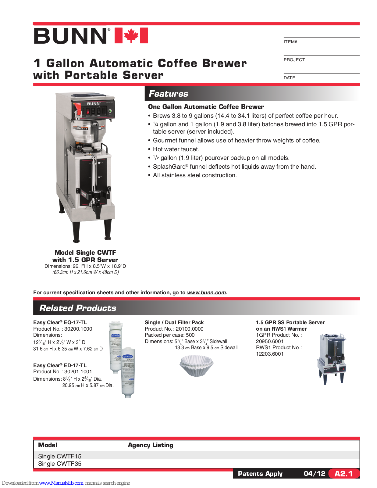 Bunn Single CWTF15, Single CWTF35 Specifications - ManualMachine.com
