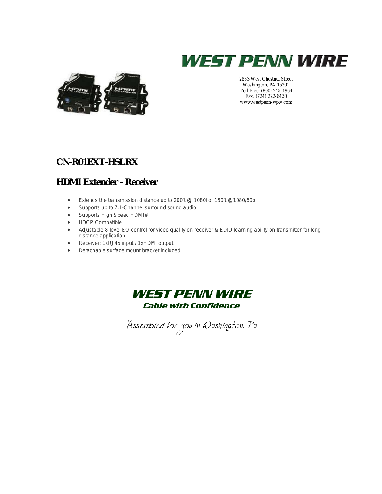 West Penn CN-R01EXT-HSLRX Specsheet