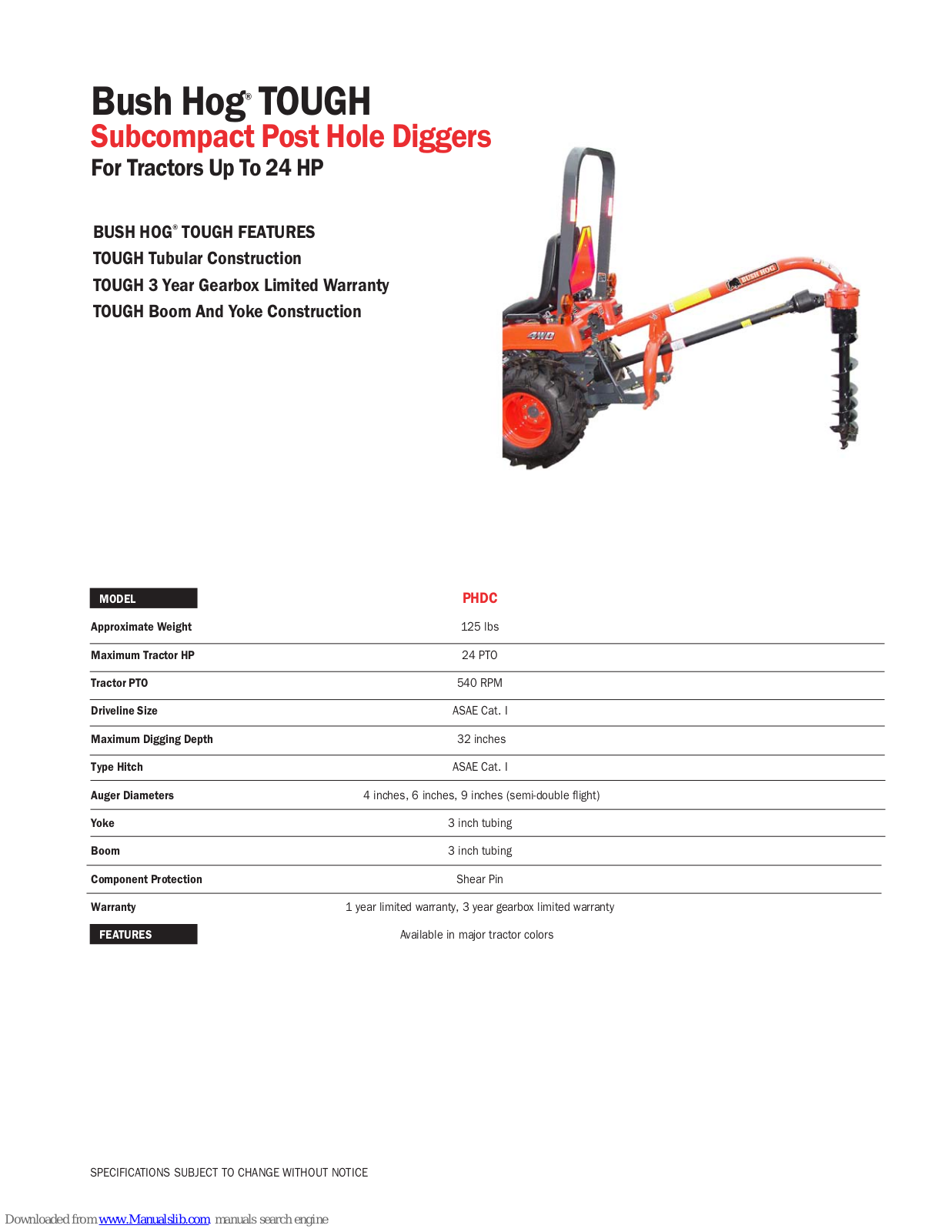 Bush Hog TOUGH PHDC Specifications