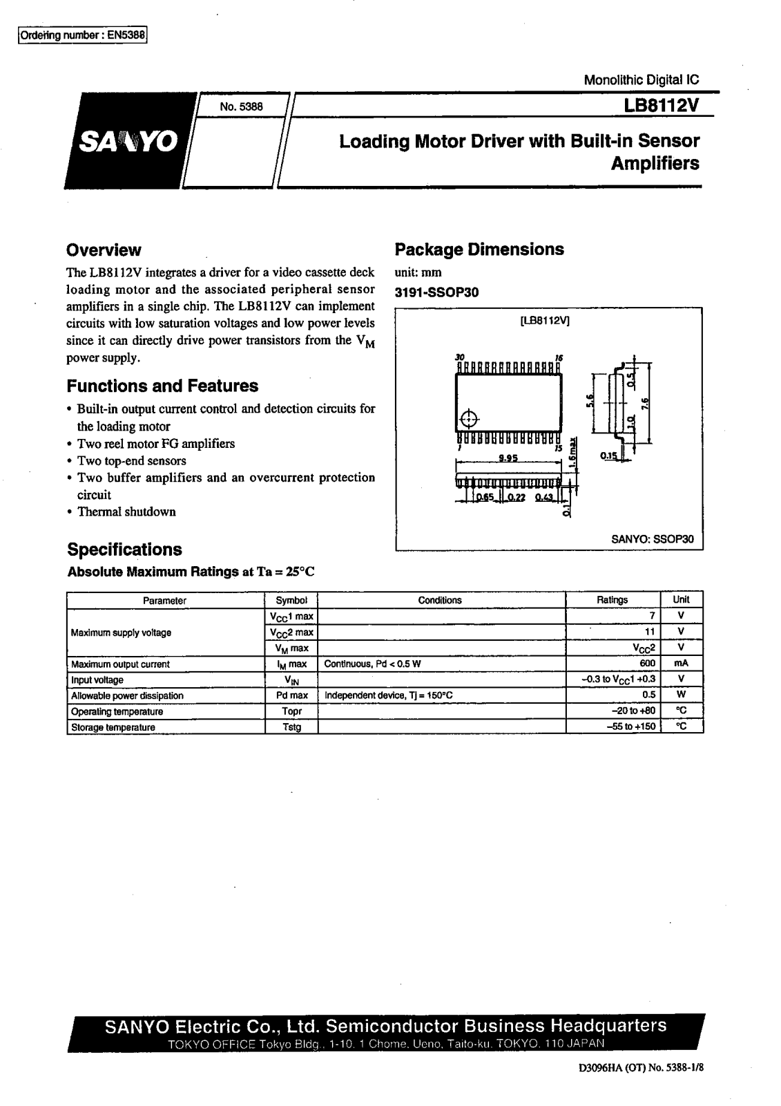 Sanyo LB8112V Specifications