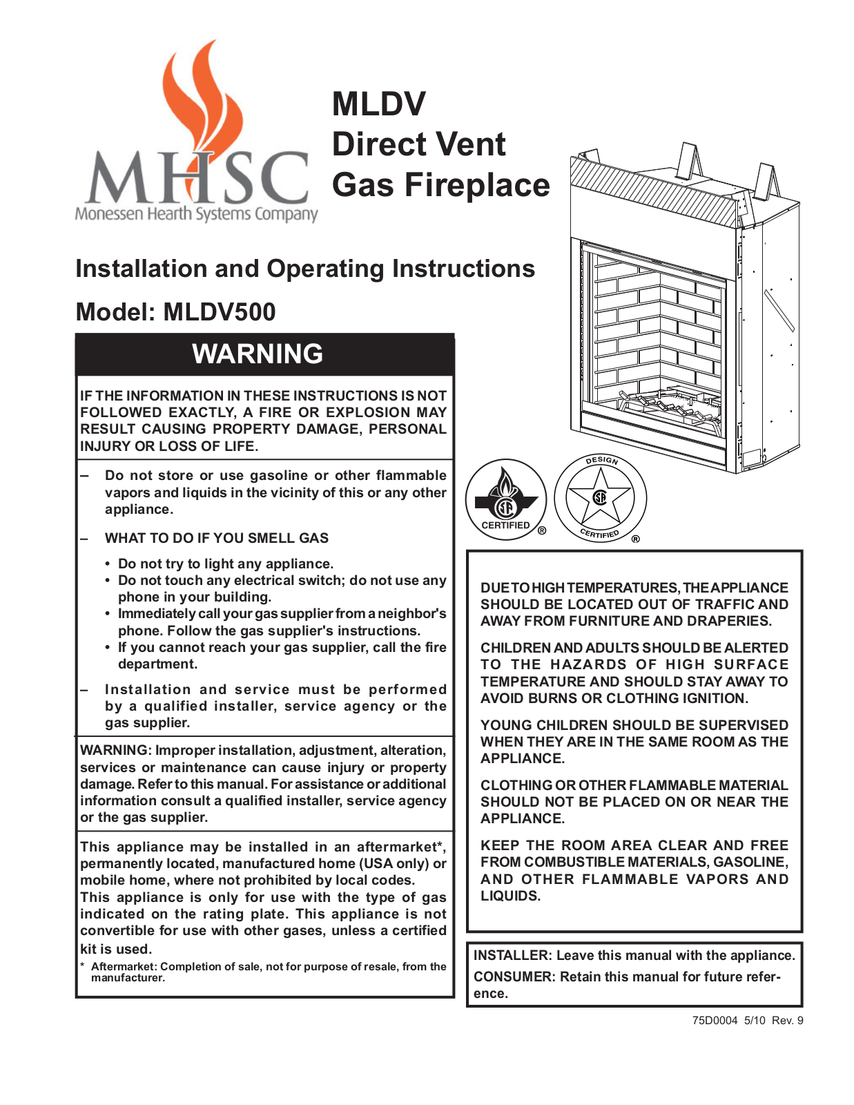 Monessen Hearth MLDV500 User Manual