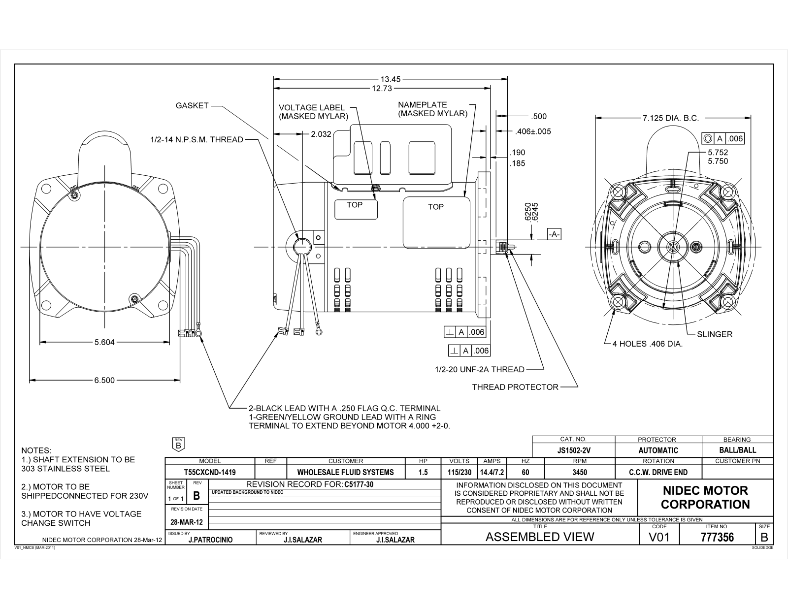 US Motors JS1502-2V Dimensional Sheet