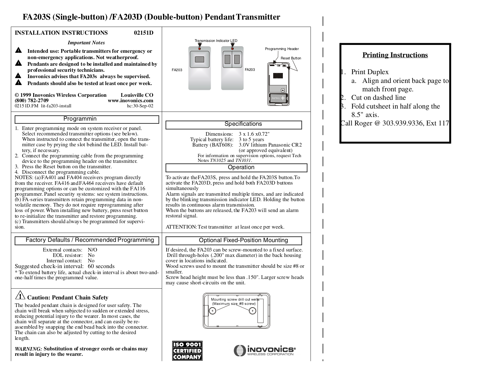 Inovonics FA203S User Manual