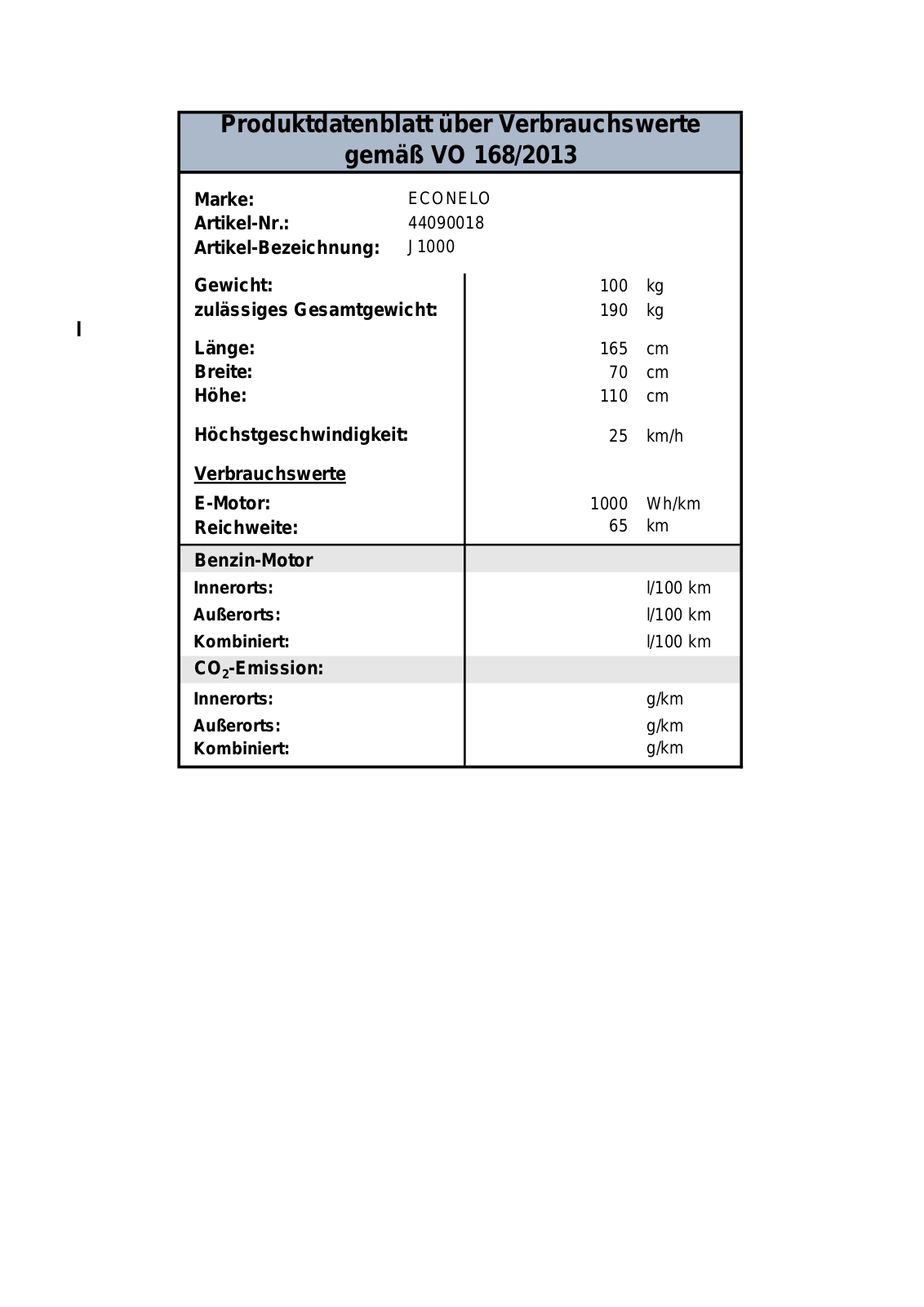 ECONELO J1000 Technical data