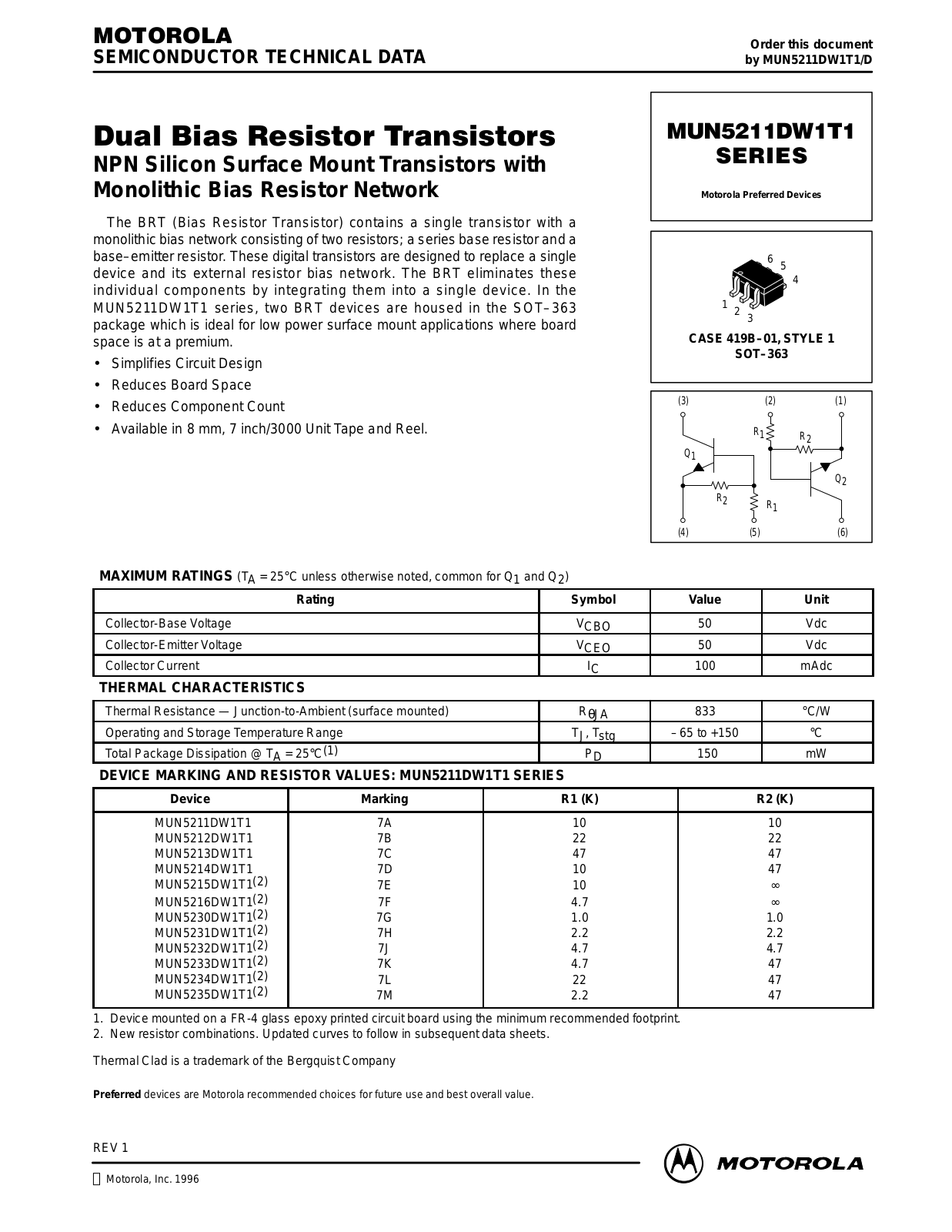 Motorola MUN5212DW1T1, MUN5213DW1T1, MUN5214DW1T1, MUN5215DW1T1, MUN5216DW1T1 Datasheet