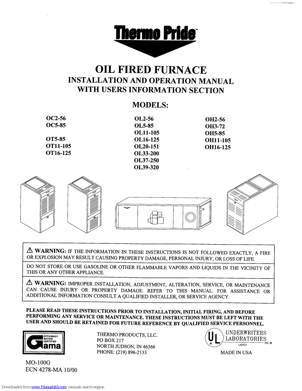 Thermo Pride OC2-56, OC5-85, OT5-85, OT11-105, OT16-125 Installation And Operation Manual