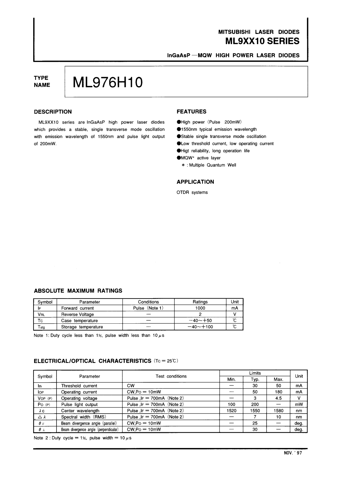 Mitsubishi ML976H10 Datasheet