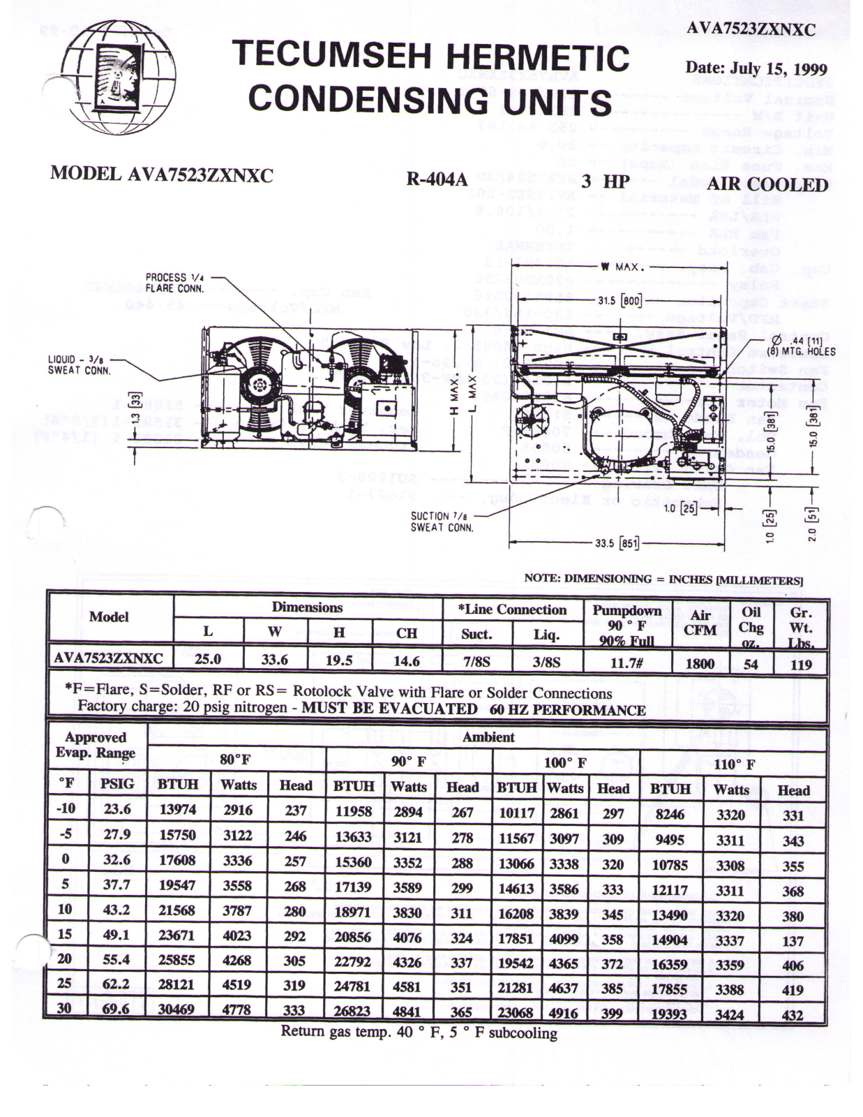 Tecumseh AVA7523ZXNXC, AWA9519ZXNXC Performance Data Sheet