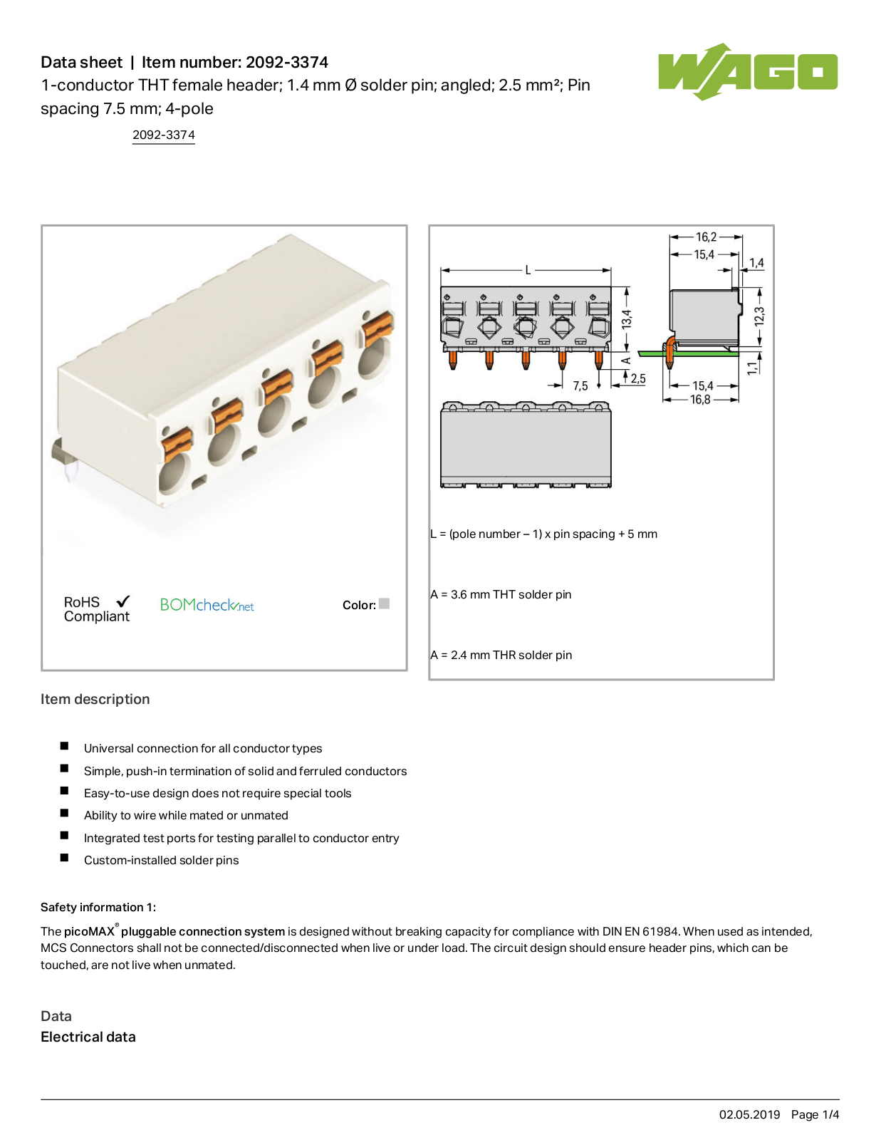 Wago 2092-3374 Data Sheet