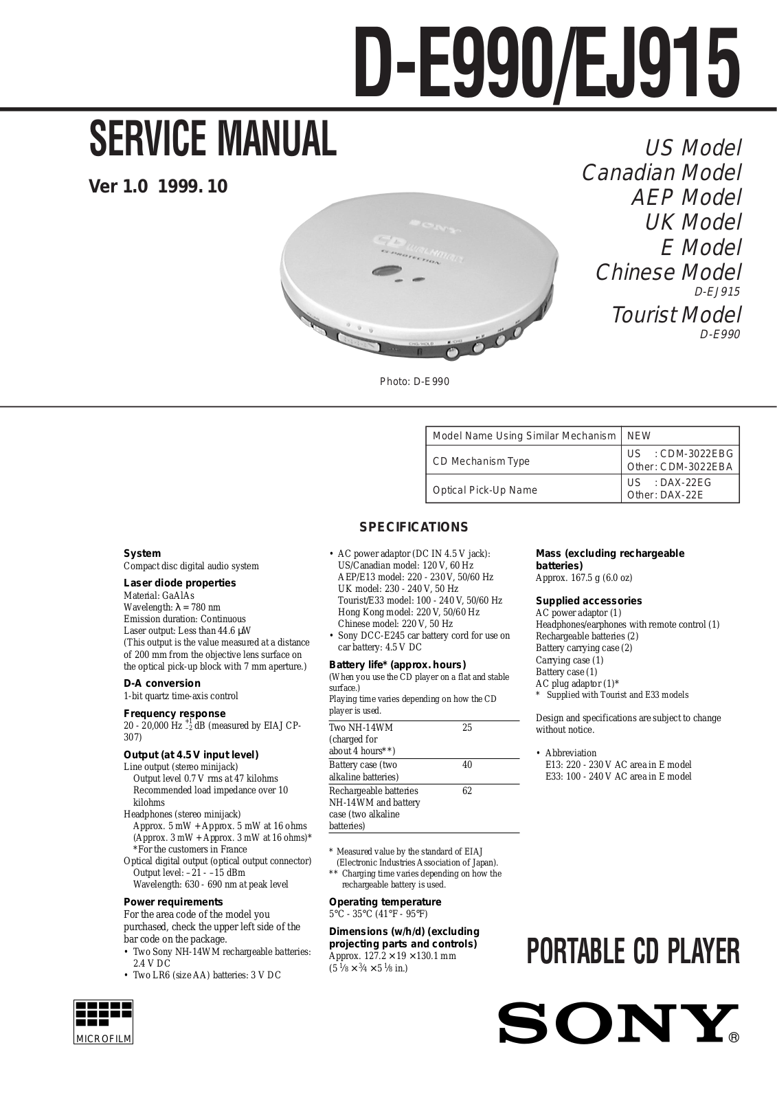 Sony D-E900, D-EJ915 Service Manual