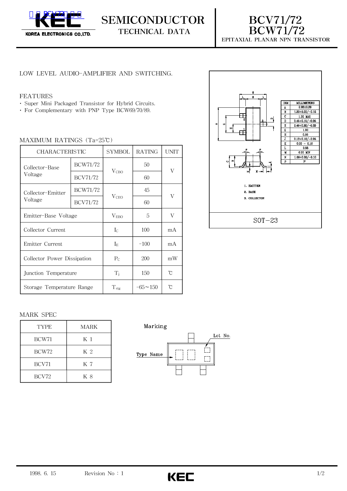 KEC BCV71, BCV72, BCW71, BCW72 TECHNICAL DATA