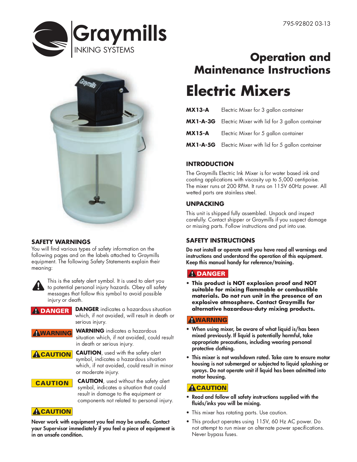 Graymills Electric Mixers User Manual