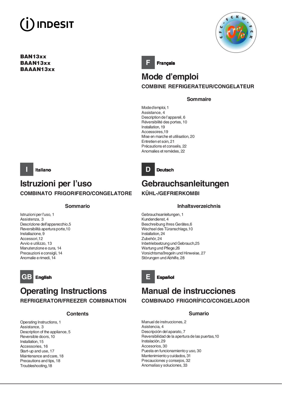 Indesit BAAN 13 X User Manual