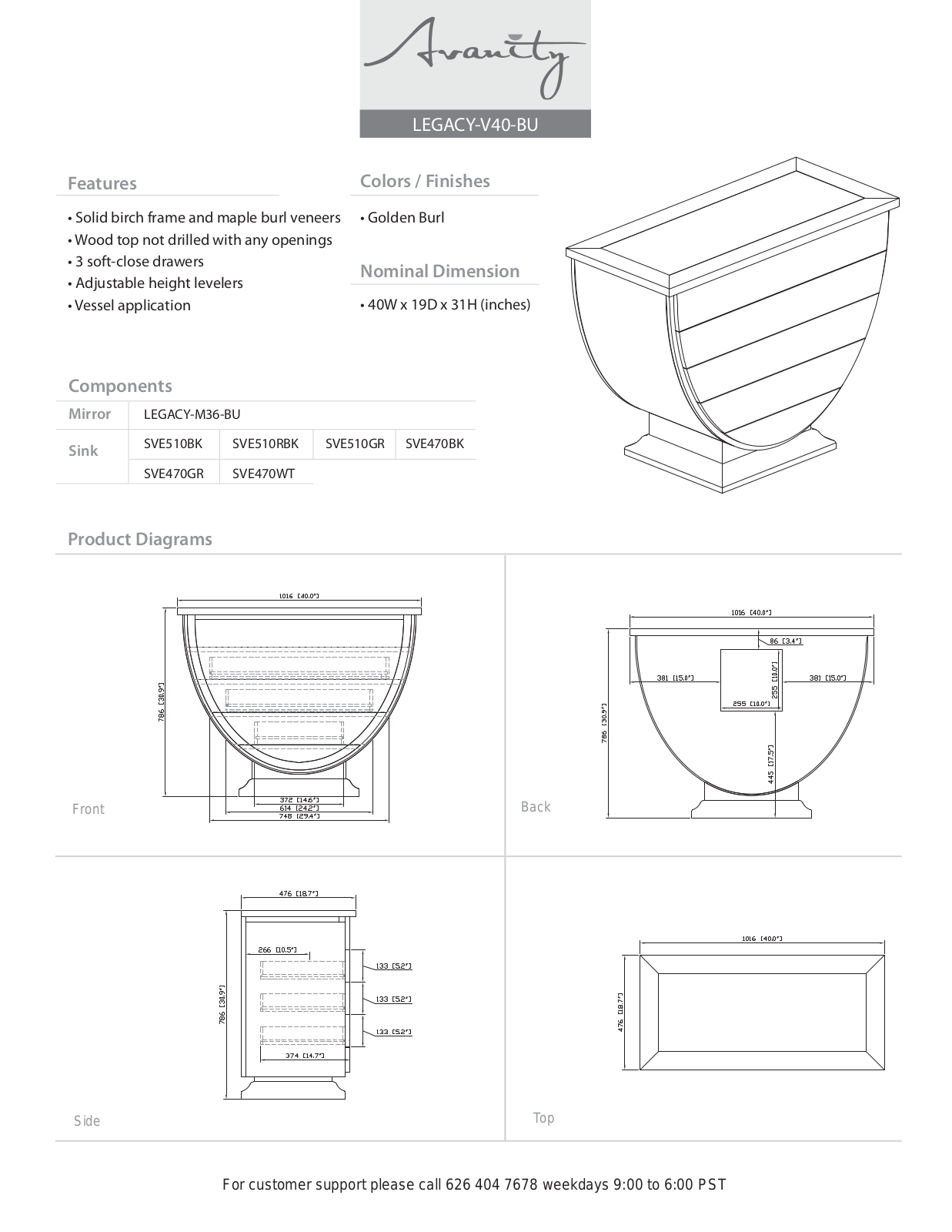 Avanity LEGACYV40BU Specifications