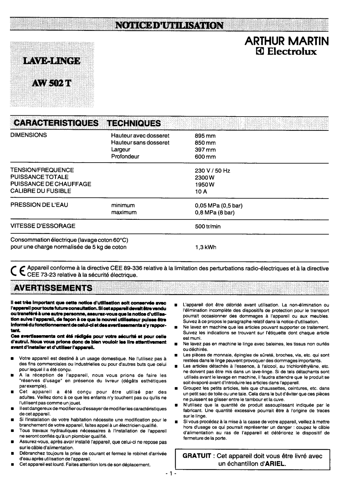 Arthur martin AW502T User Manual