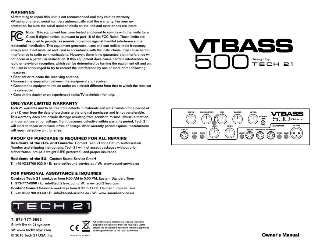 Tech 21 VT Bass 500 User Manual