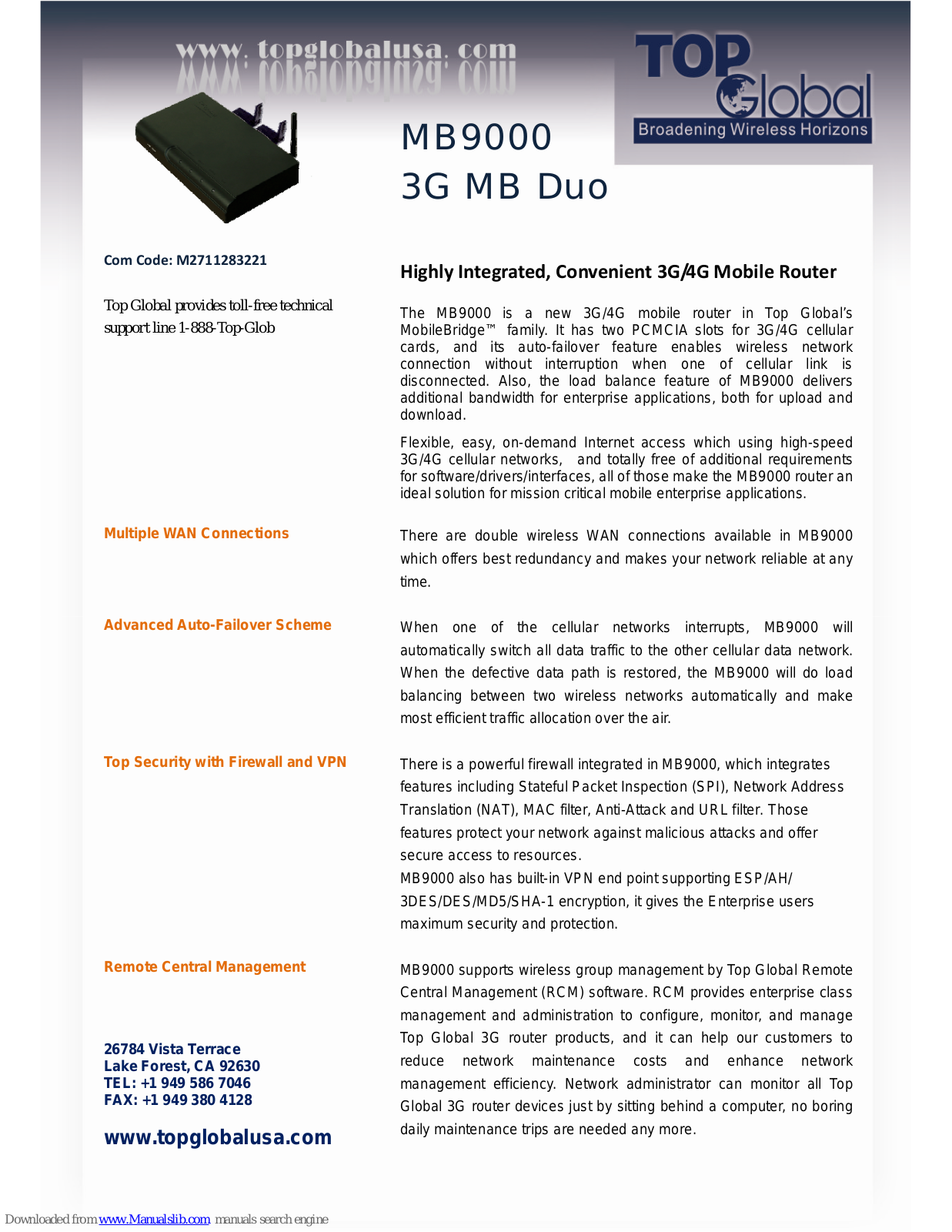Top Global RS232, MB9000 Specification Sheet - ManualMachine.com