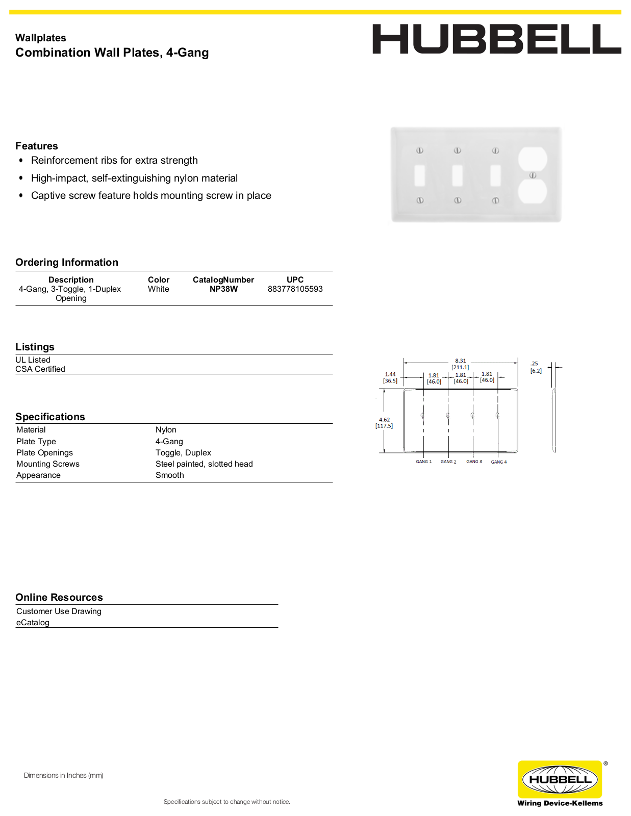 Hubbell NP38W Specifications