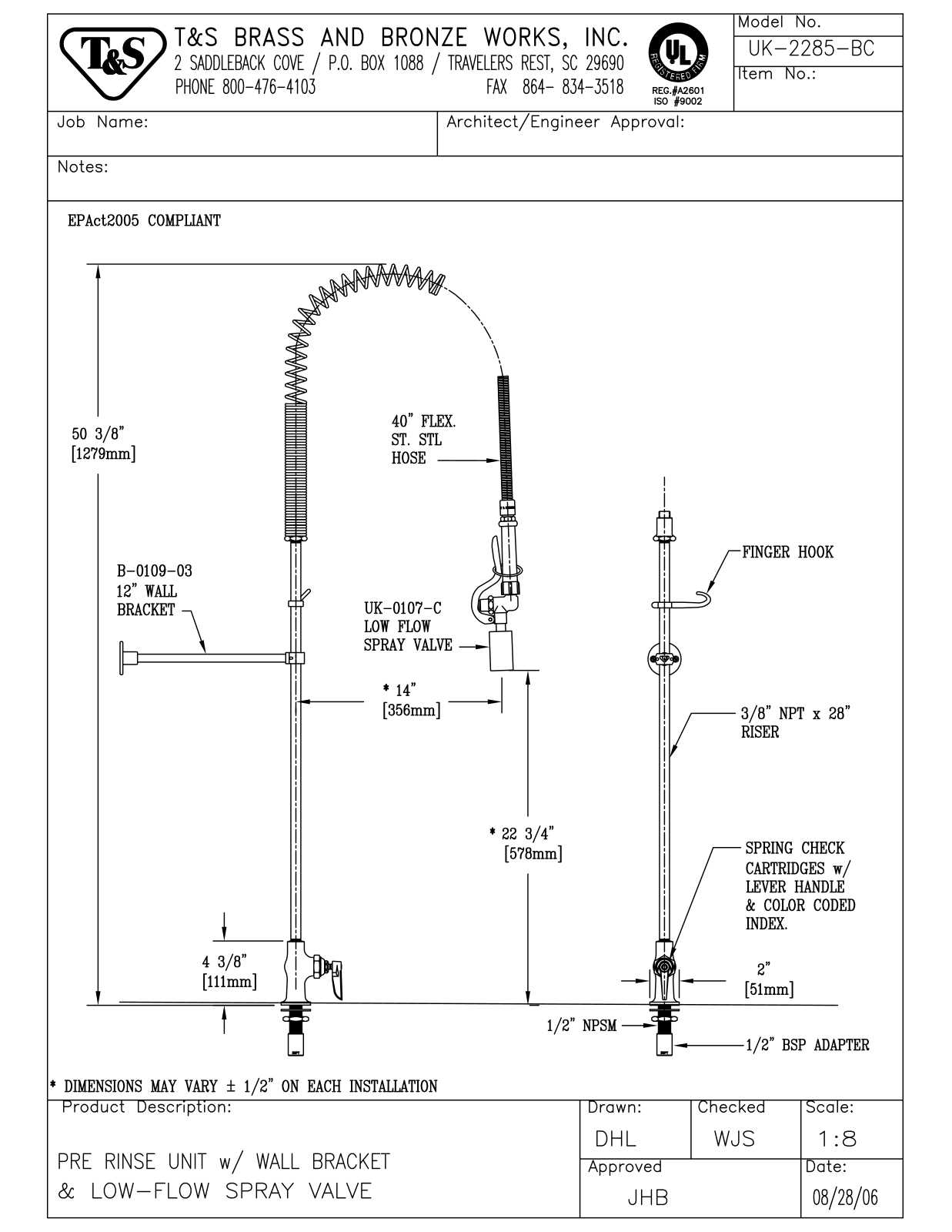 T&S Brass UK-2285-BC User Manual