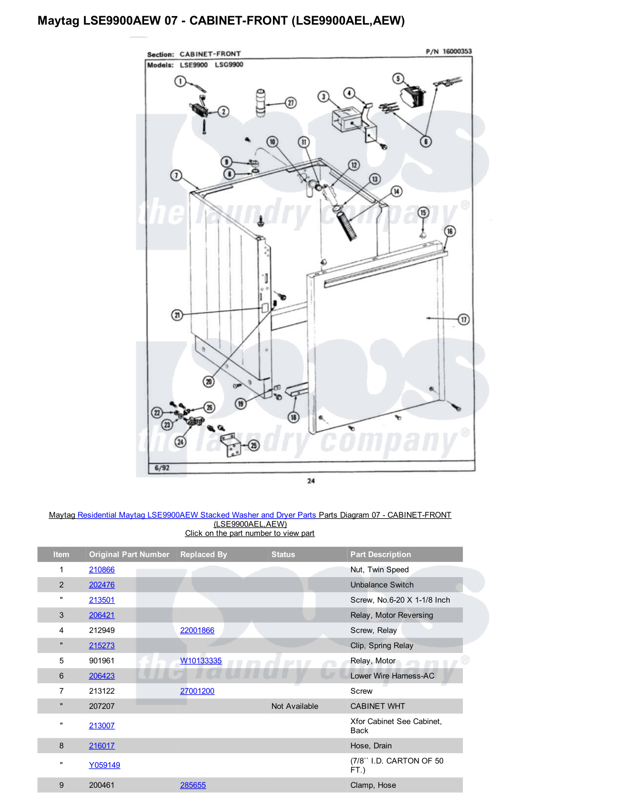 Maytag LSE9900AEW Stacked and Parts Diagram