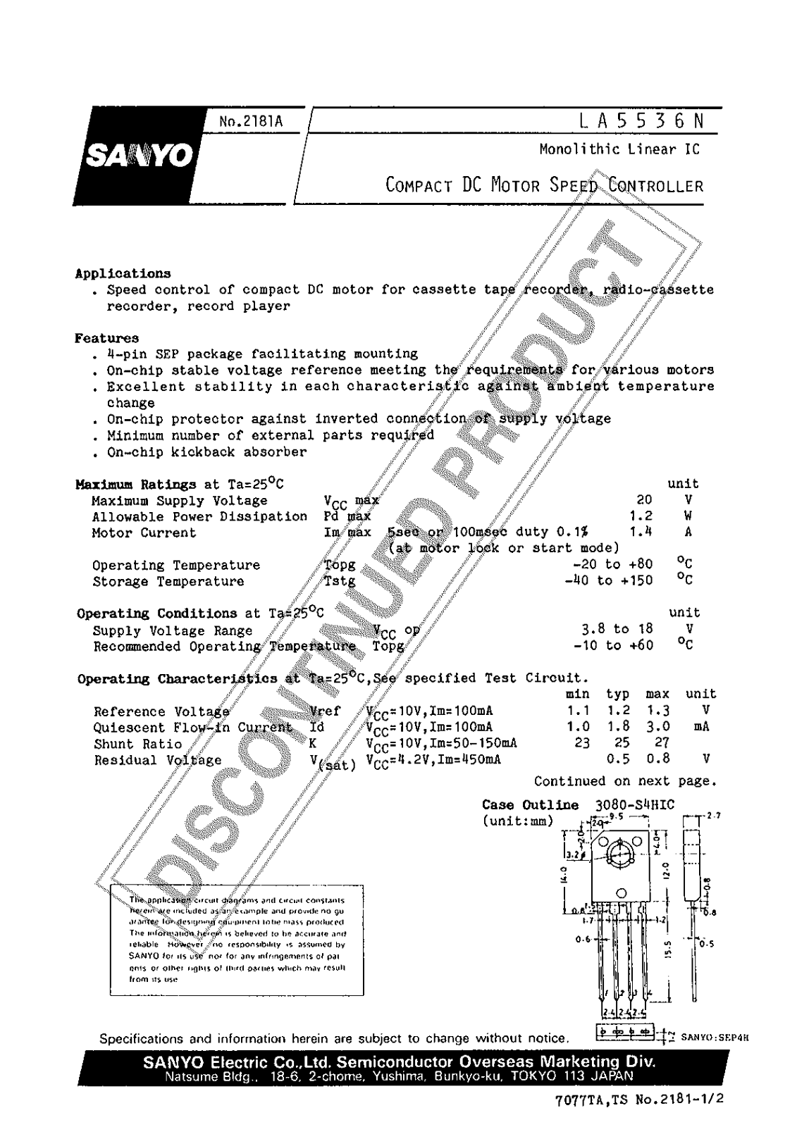 Sanyo LA5536N Specifications