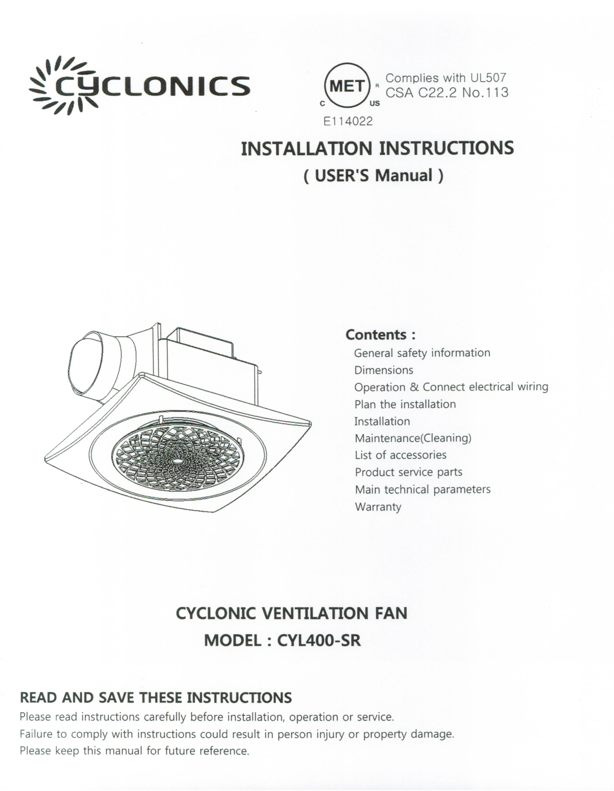 Aero Pure CYL 400-SR Installation Manual