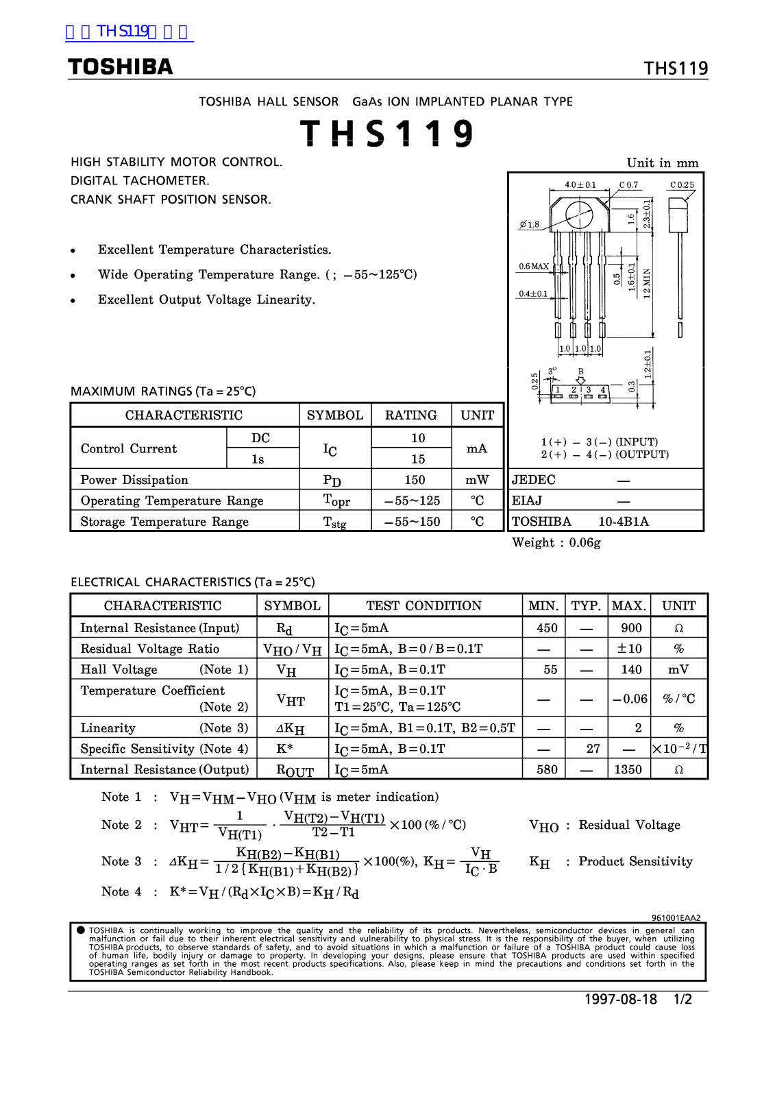 TOSHIBA HS119 Technical data