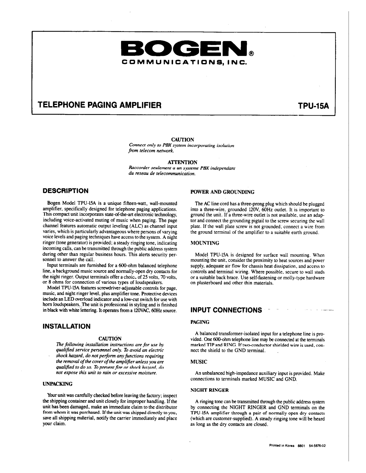 Bogen TPU-15A User Manual