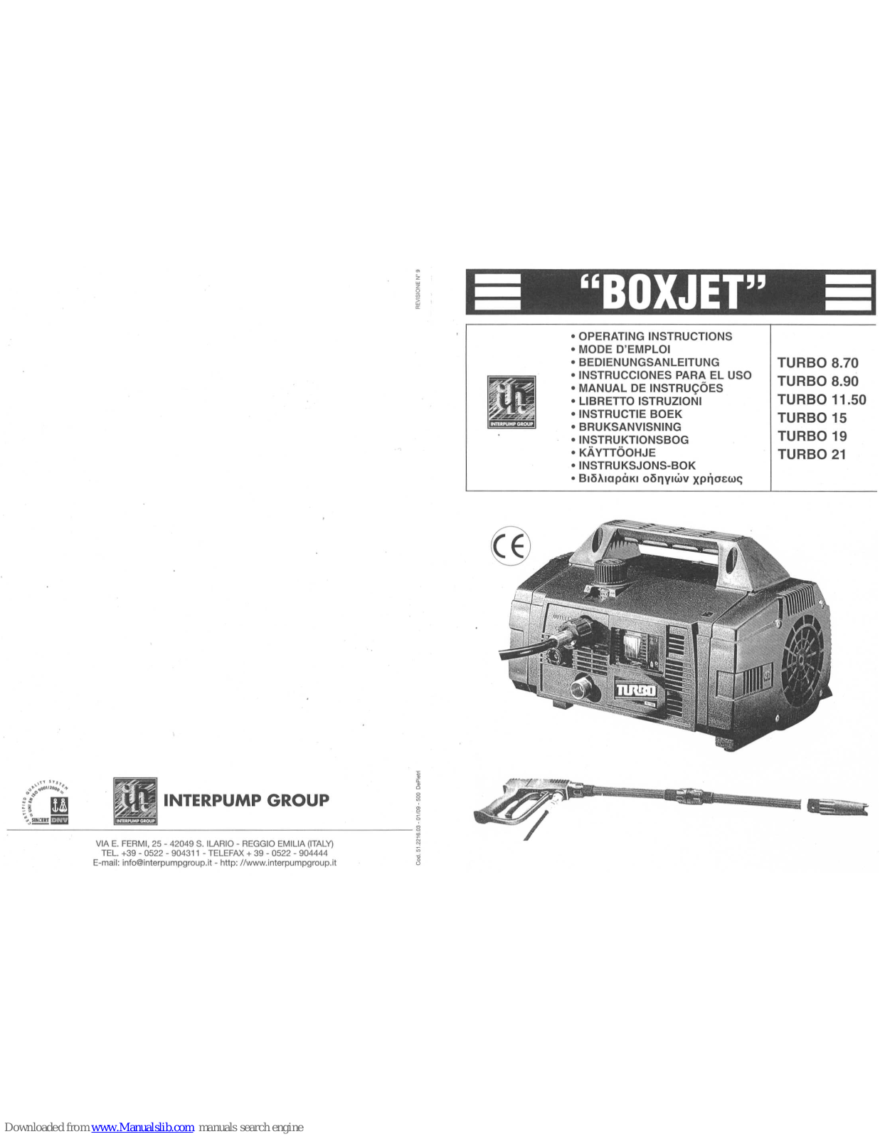 Interpump Group Boxjet Turbo 8.70, Boxjet Turbo 8.90, Boxjet Turbo 15, Boxjet Turbo 19, Boxjet Turbo 21 Operating Instructions Manual - ManualMachine.com