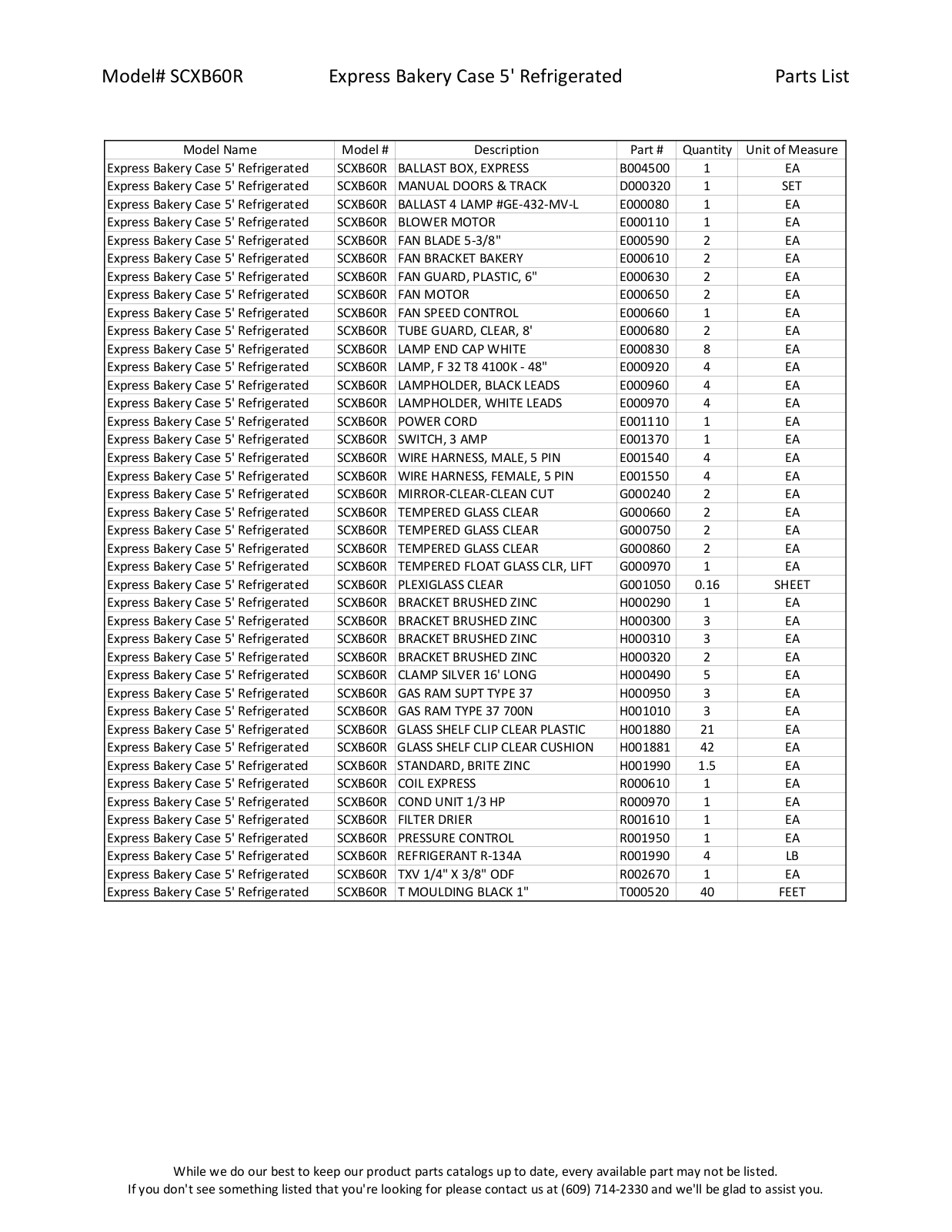 RPI Industries SCXB60R Parts List