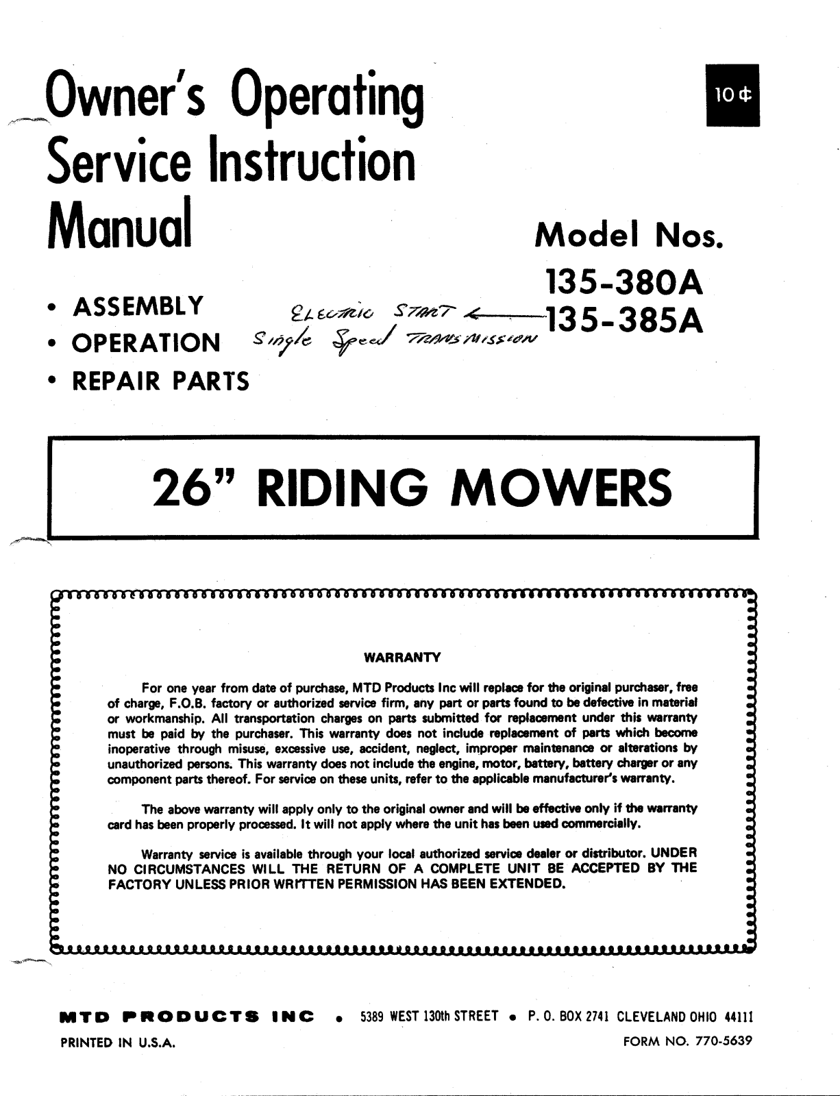 MTD 135-380A, 135-385A User Manual