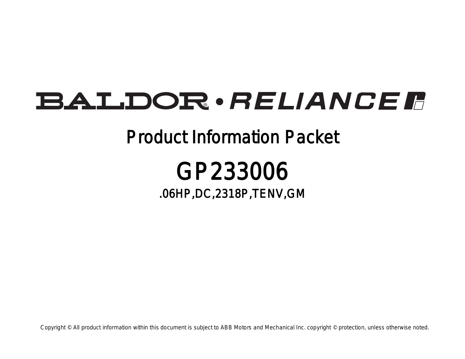 Baldor GP233006 Product Information Sheet