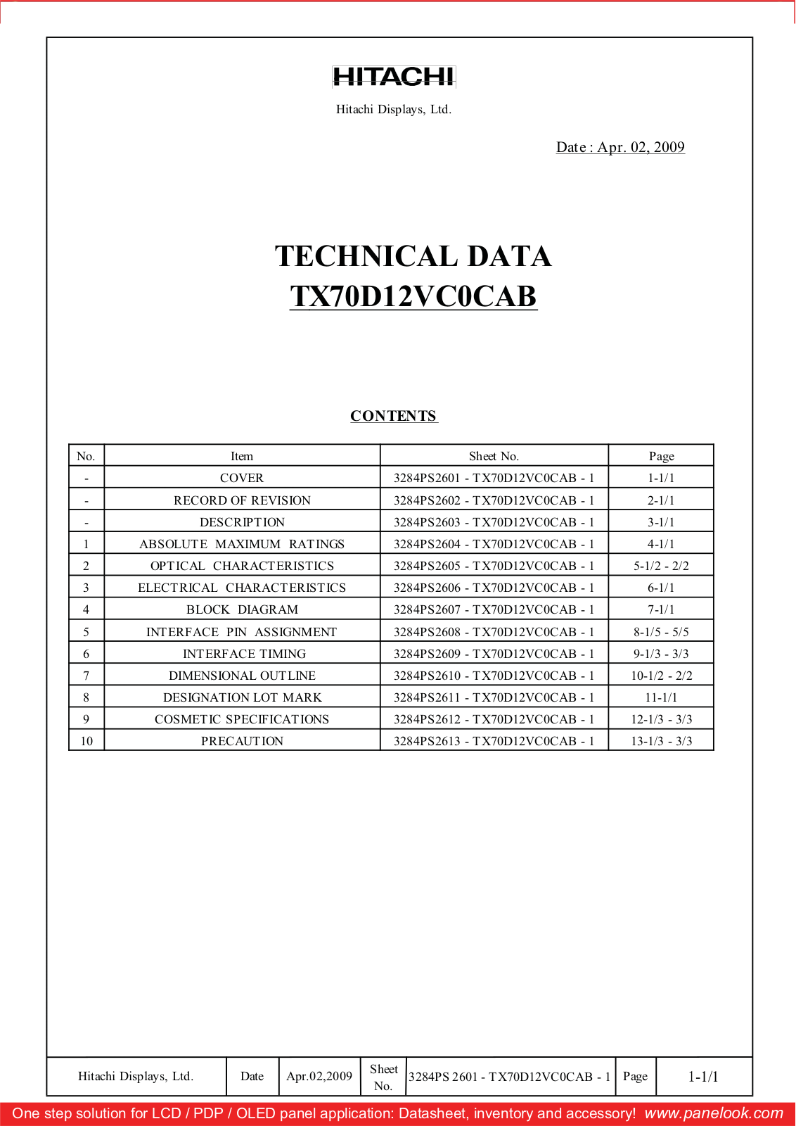 HITACHI TX70D12VC0CAB Specification