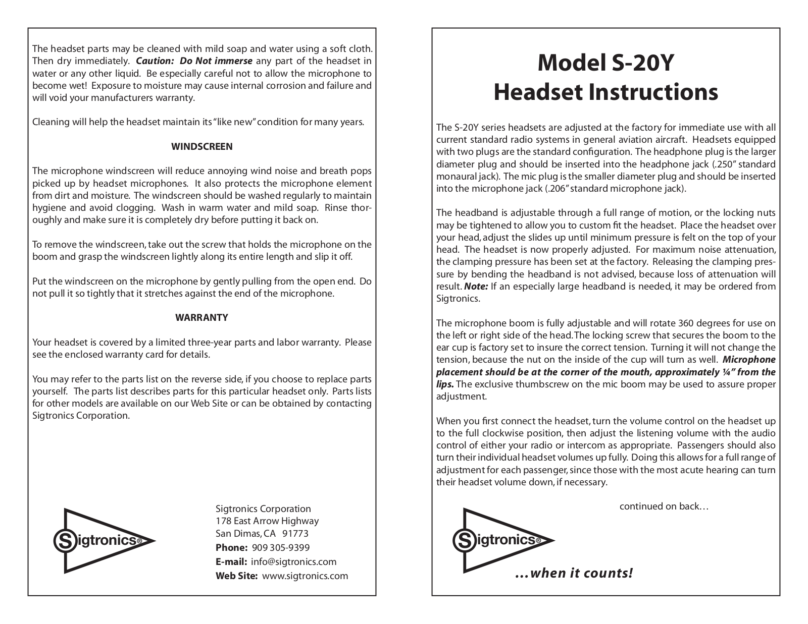 Sigtronics S-20Y User Manual