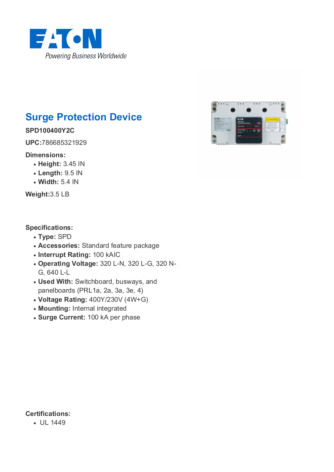 Cutler Hammer, Div of Eaton Corp SPD100400Y2C Data Sheet