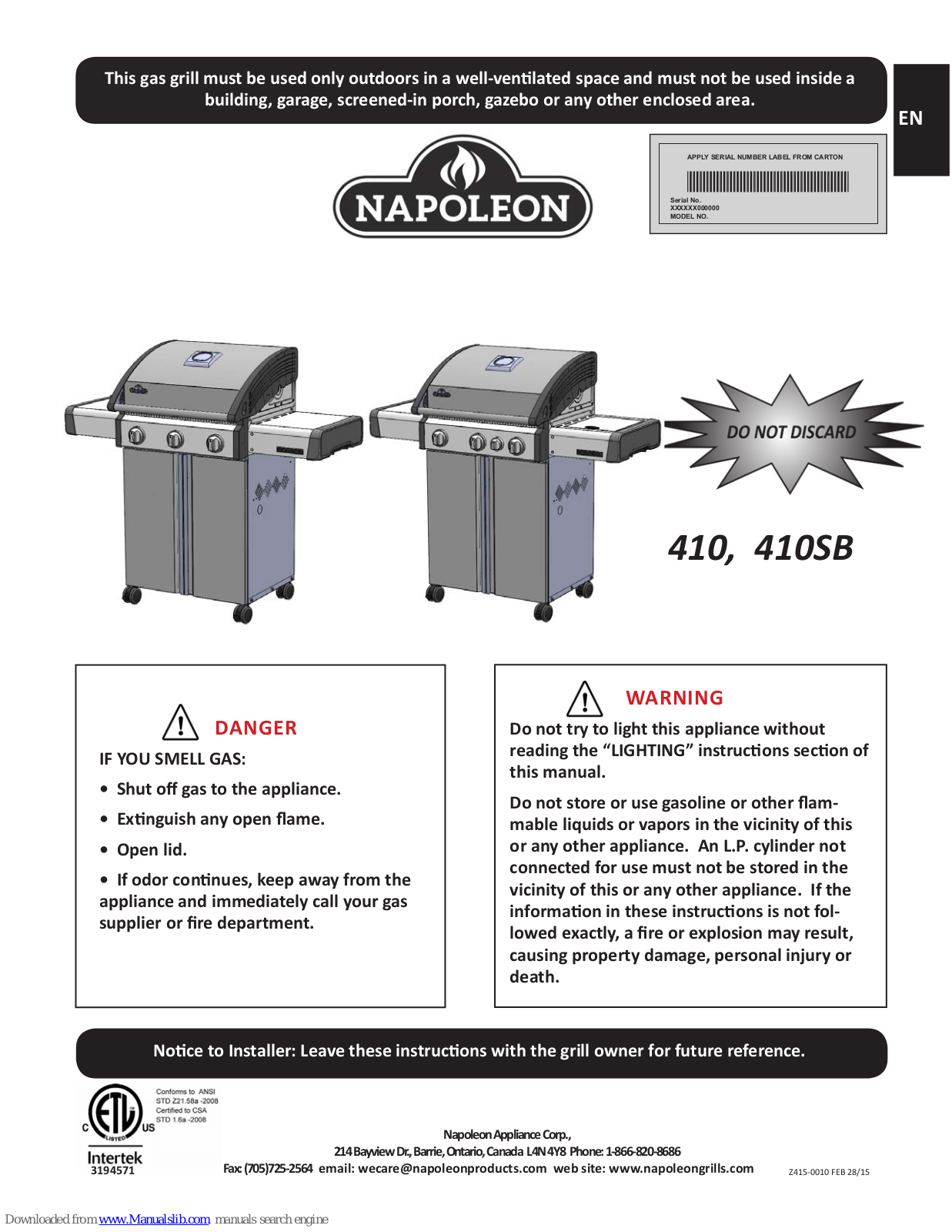 Napoleon 410, 410SB, 495, 495SB User Manual