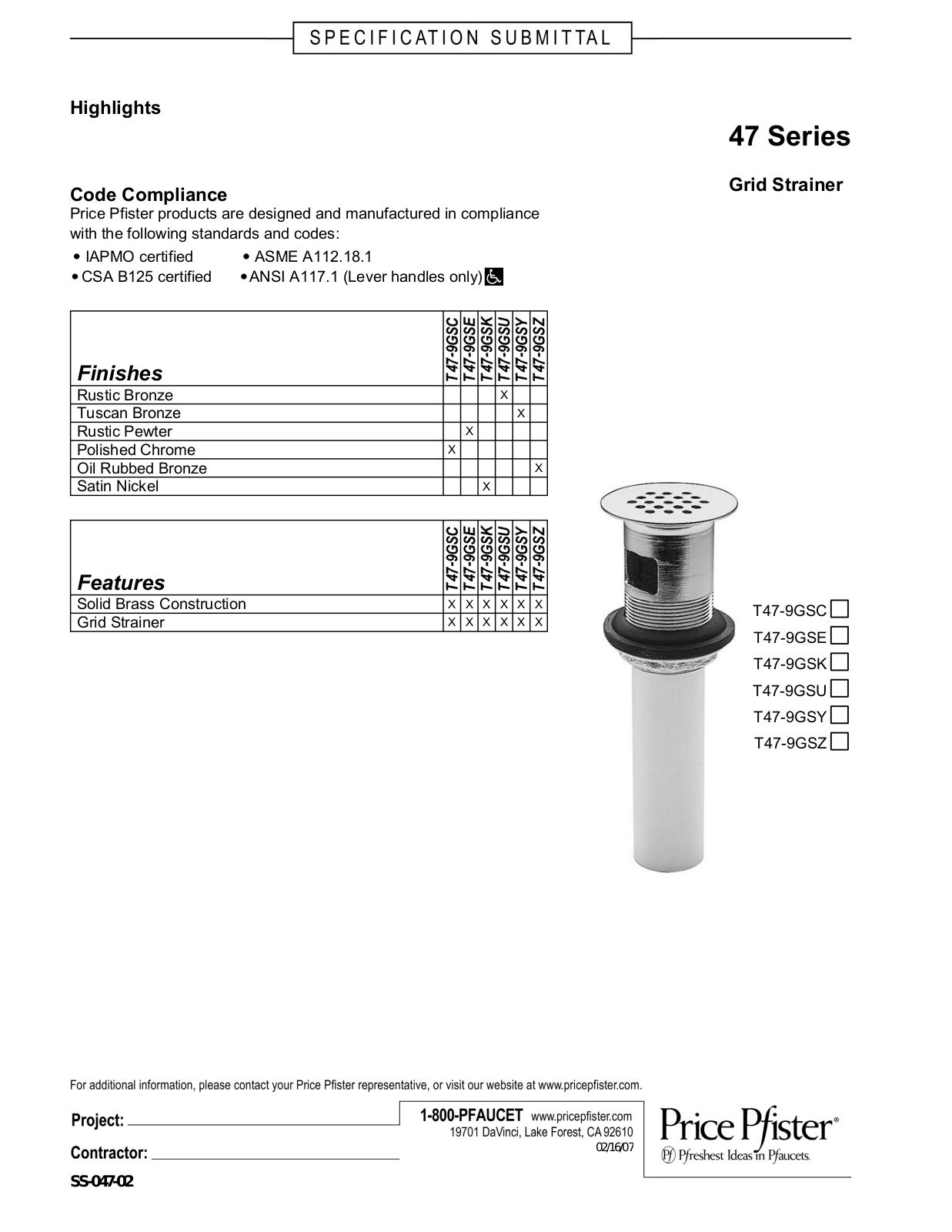 Pfister PPR2951 Specifications - ManualMachine.com