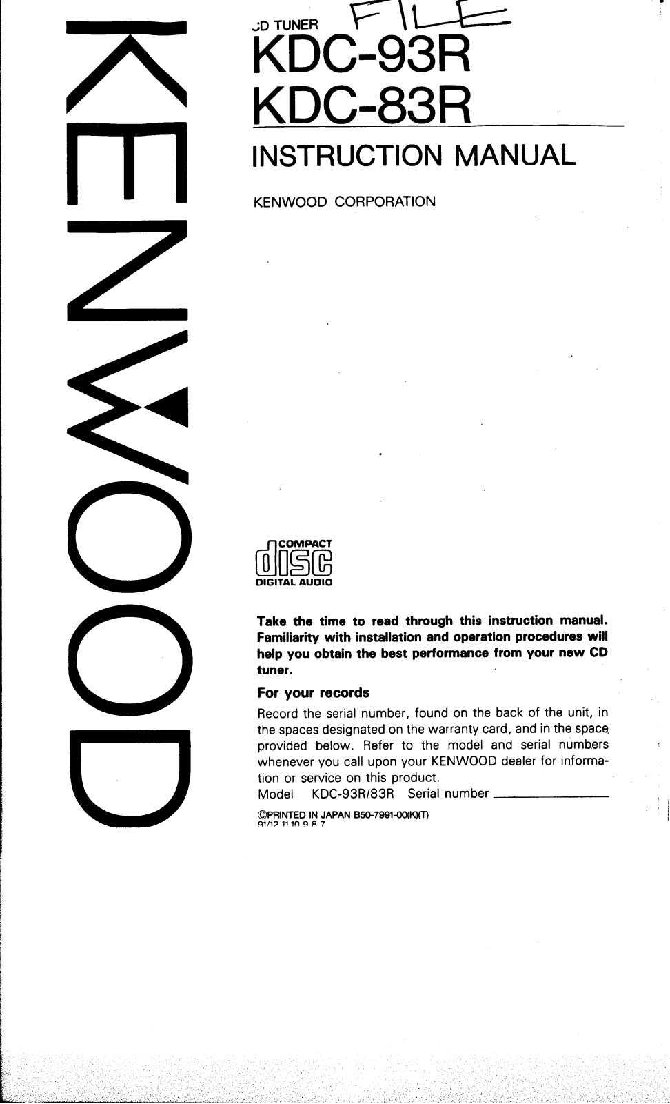 Kenwood KDC-83-R, KDC-93-R Owners Manual