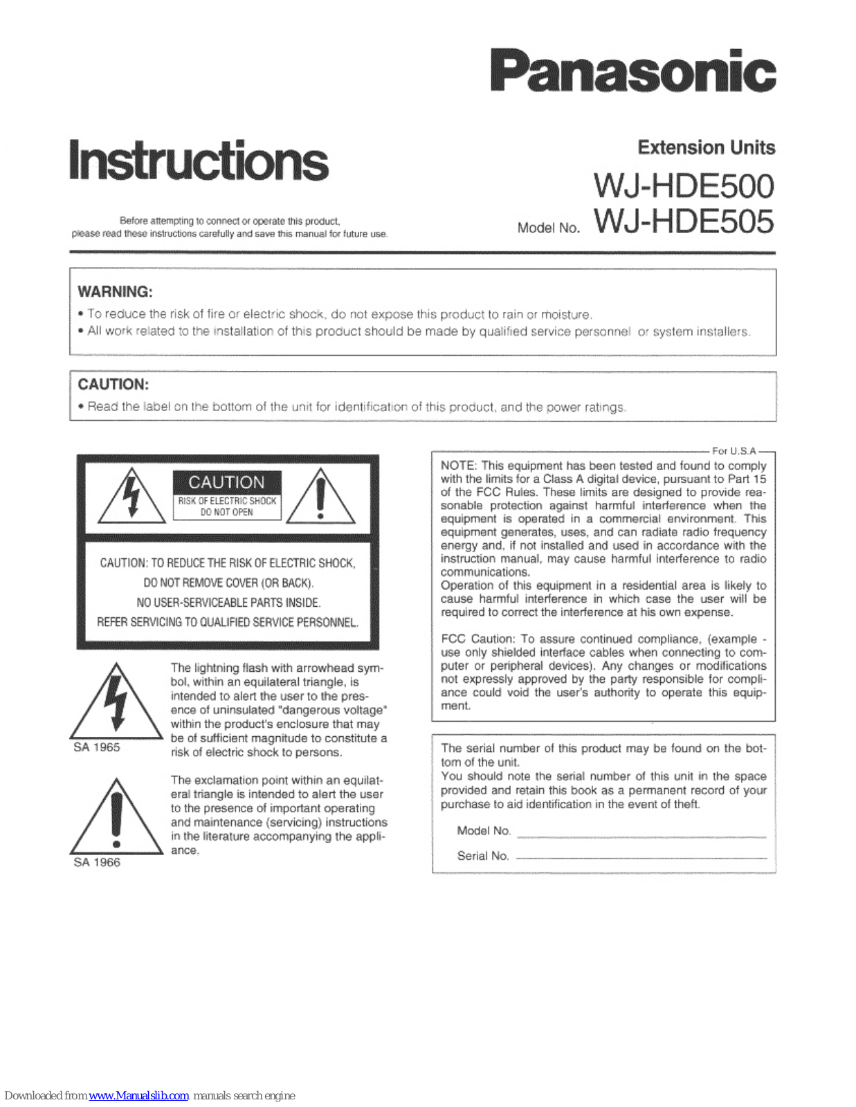 Panasonic WJ-HDE505 Instructions Manual