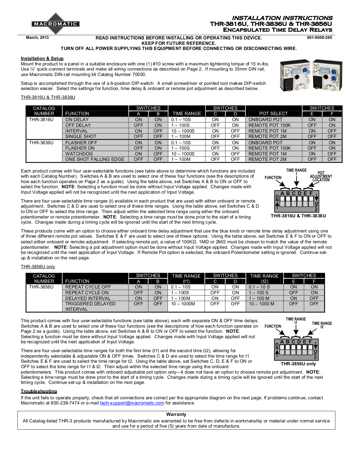 Macromatic THR-3816U, THR-3836U, THR-3856U INSTALLATION INSTRUCTIONS